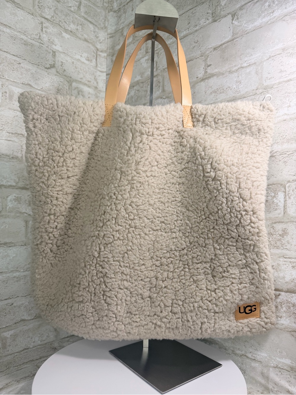 UGG Cream Sherpa & Canvas Tote with Tan Leather Handles — Excellent Condition